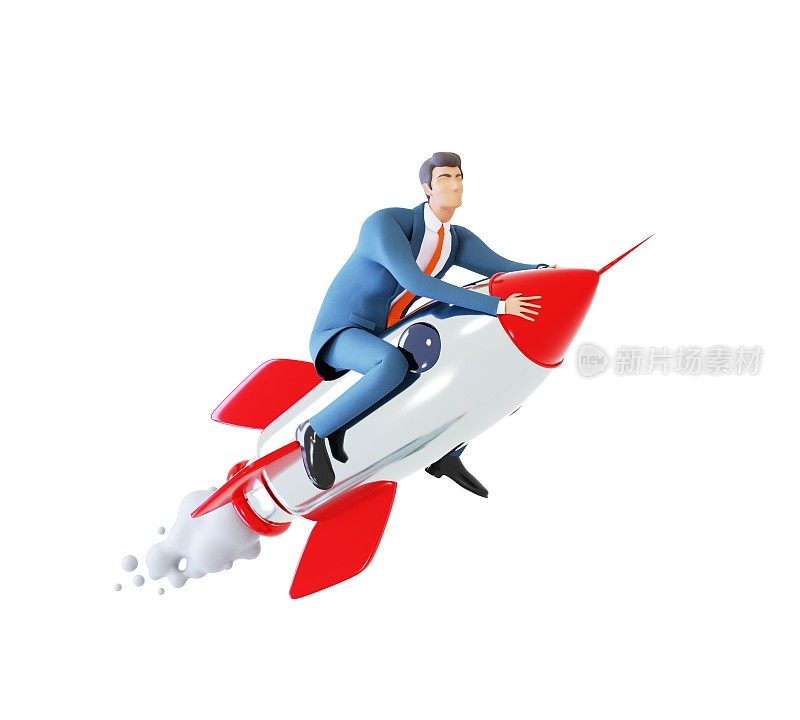成功的商人乘坐火箭飞行。创业、银行、投资咨询、赚钱概念。3 d渲染插图。